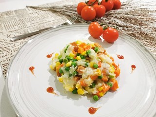 food, meal,potato, dinner,  vegetable, dish, plate, meat, cuisine, healthy, gourmet, lunch, salad, white, carrot, fresh, red, cooked, green, delicious, couscous,bean