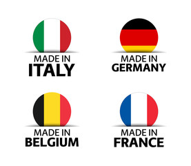 Set of four Italian, German, Belgian and French stickers. Made in Italy, Made in France, Made in Germany and Made in Belgium. Simple icons with flags isolated on a white background