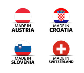 Set of four Austrian, Croatian, Slovenian and Swiss stickers. Made in Austria, Made in Croatia, Made in Slovenia and Made in Switzerland. Simple icons with flags isolated on a white background