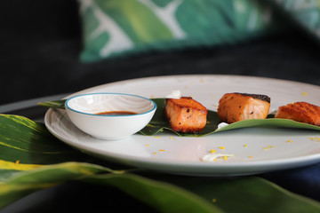 food, plate, meal, white, dinner, dish, gourmet, restaurant, cuisine, fillet, green, delicious, sauce, lunch, cooked, salmon