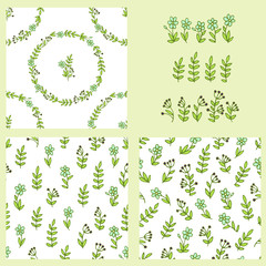 Vector set: seamless patterns and simple elements for floral design. Hand drawn linen flowers , green leaves and berries. Pretty vintage style , minimalism. For textile , wrapping paper.