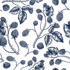 Hand drawn blackberries vector  backdrop in engraved style. Wild berries seamless pattern. Hand drawing. Vintage forest berry sketch. Blackberries plant background.  - obrazy, fototapety, plakaty