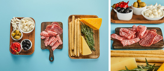 Collage of antipasto ingredients on boards on blue, panoramic shot