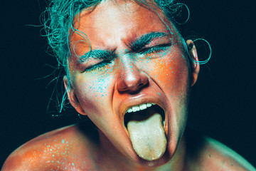 Tongue woman body art toxic skin color emotional face beauty abstract