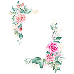 Watercolor floral frame. Botanic decoration illustration of roses and gold leaves. Botanic composition for wedding or greeting card design isolated background