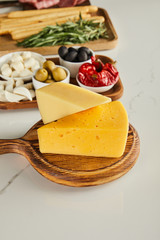 Selective focus of boards with cheese and antipasto ingredients on white