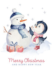 Watercolor merry christmas character penguin illustration. Winter cartoon isolated cute funny animal design card. Snow holiday season xmas penguins.