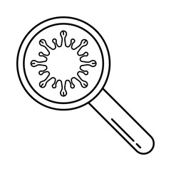 Magnifier with enlarged microbe. Linear icon of virus, bacteria, microorganisms. Black illustration of scientific research, medical experiments. Contour isolated vector on white background. Lab symbol