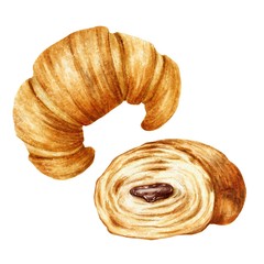 Chocolate croissant illustration with watercolor paper texture, isolated on white background. Yummy food art.