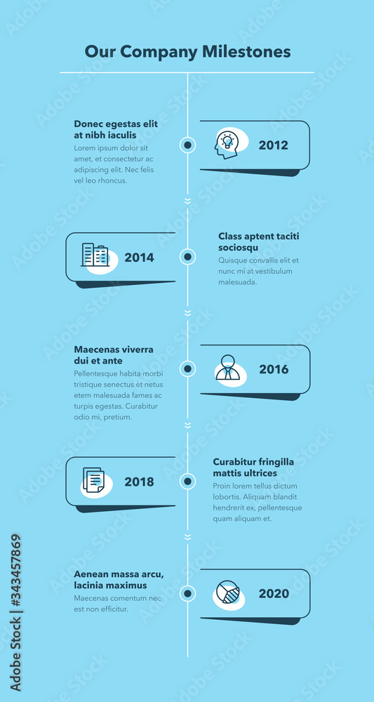 Poster simple business infographic for company milestones timeline template - blue version. easy to use for