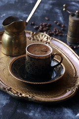 Turkish coffee on a wooden tray