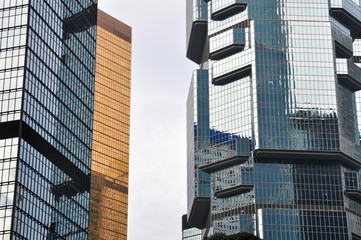 Close-up of Lippo Centre skyscrapers in Hong Kong, China