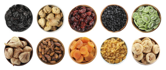 Set of different dry fruits on white background, top view. Banner design