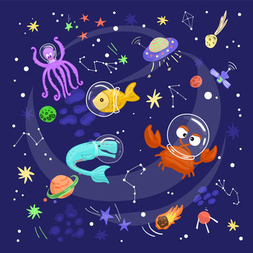 Animals travel in space, underwater world in outer space. Doodle in cartoon style, Vector for design t-shirts, cards and posters. Humor concept. Children textile.