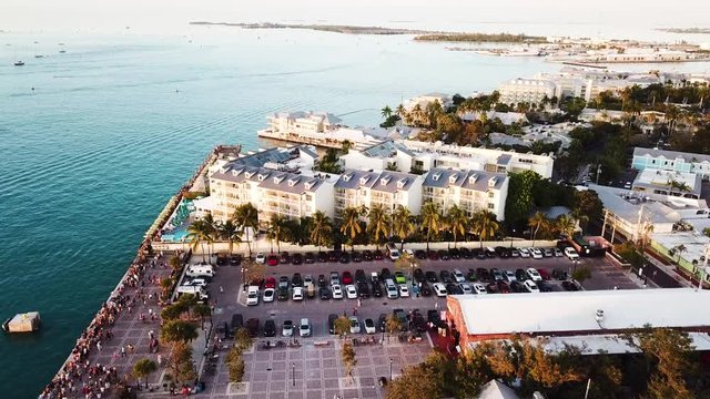 Beautiful 4K aerial drone shot of Mallory Square in Key West, Florida during summer.