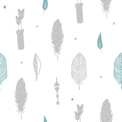 Cute baby boy seamless pattern with birds feather and arrow. Boho and scandinavian style in pastel colors. 