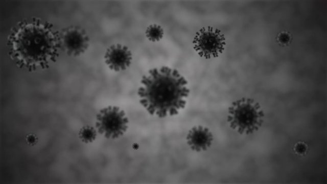 3D animation of many viruses, bacteriological background. The idea of the covid-19 coronavirus, a global threat