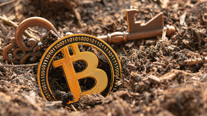 Key and digital money bitcoin coin  
In the ground. Concept   halving  bitcoin.
