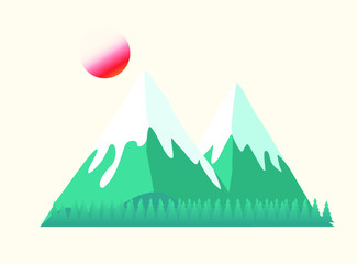 vector flat icon illustration of a mountain landscape with trees