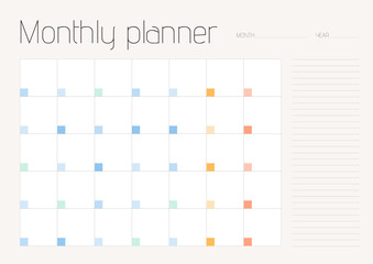 Monthly planner with space for notes on all days of the month. A4 sheet proportion. Soft colors. 