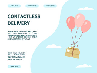 Landing page of the site for the delivery service of the online store. Contactless online delivery. Safety during coronovirus. The box is delivered by pink balloons. Vector
