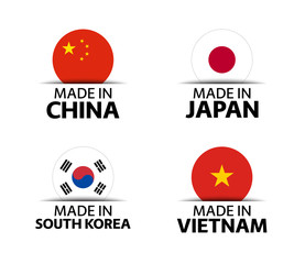 Set of four Chinese, Japanese, Korean and Vietnamese stickers. Made in China, Made in Japan, Made in South Korea and Made in Vietnam. Simple icons with flags isolated on a white background