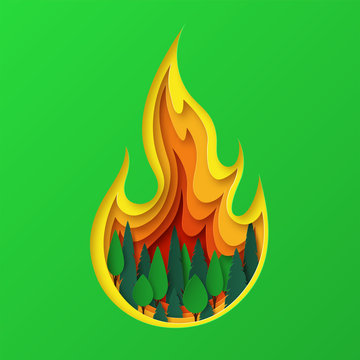 Save the forest. Let's save nature. Layered fire design in nature. Vector