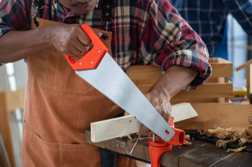 concept of wood DIY at home, carpenter working with wood