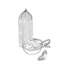 Quran book. Islamic religious Middle Eastern still life. Ramadan Kareem greeting card. Islamic vector illustration. Hand drawn lantern lamp, beads and dates fruits