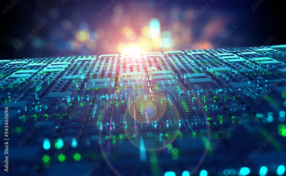 Poster Digital city in space. Computer of future, circuit board and hardware 3d illustration. Wireless internet technologies. Database protection and secure transmission of information on blockchain network