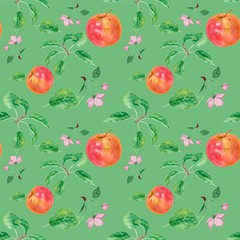 seamless pattern of red apples, leaves, flowers on a green background, watercolor pattern