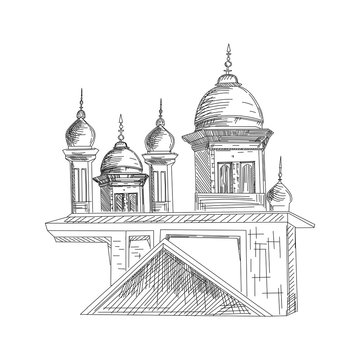 Mosque. Hand drawn sketch vector illustration on white background. Black and white
