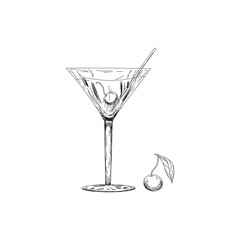 Manhattan cocktail, vector sketch hand drawn illustration, fresh summer alcoholic drink with cherry