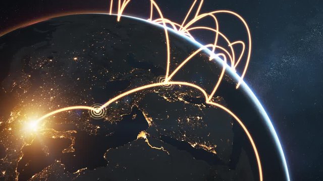 Corona virus network spreading across world at night. SARS-CoV-2 2019-nCov COVID-19 pandemic outbreak concept. High quality 3d animation. Elements of this image furnished by NASA. 
