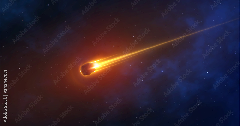 Sticker realistic comet, meteorite, an asteroid in motion burns against the background of outer space. 3d ob