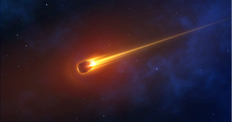 Realistic comet, meteorite, an asteroid in motion burns against the background of outer space. 3d object vector illustration. Bullet burns with fire - obrazy, fototapety, plakaty