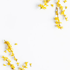 Flowers composition. Yellow flowers on white background. Spring concept. Flat lay, top view