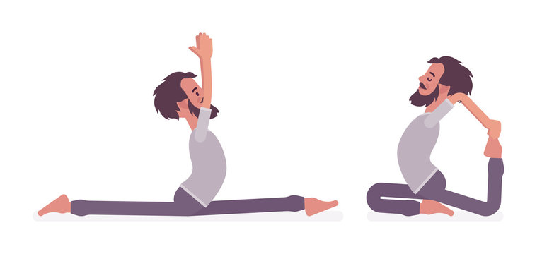 Man in yogi sport wear practicing yoga, Monkey God, Splits, Hanumanasana pose and One Legged King Pigeon, Eka Pada Rajakapotasana exercise for healthy workout. Vector flat style cartoon illustration