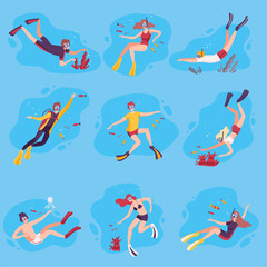 Scuba Divers Swimming under the Water Set, People Exploring Underwater Marine Life, Extreme Hobby Vector Illustration