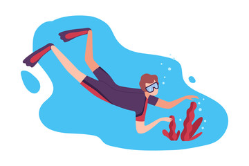 Man in Swimwear, Goggles and Flippers Swimming under the Sea, Diver Exploring the Underwater World Flat Vector Illustration
