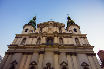 Beautiful facade of catholic church of St. Bernardin of Siena, Krakow, Poland. The church has 3...