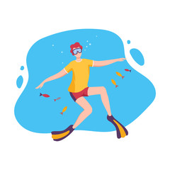 Male Diver Swimming under the Water with Small Fishes, Man Exploring Underwater Marine Life, Extreme Hobby, Sport Flat Vector Illustration