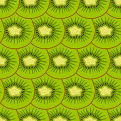 Fototapeta premium Seamless pattern with sliced pieces of kiwi. Colorful background tropical fruits. Flat vector illustration. Ideas for modern designs of backgrounds, greeting cards, print, packaging, textile, etc.