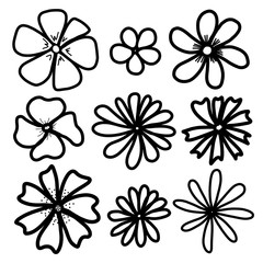 Fototapeta premium Set of flowers of various shapes and sizes on an isolated white background. Silhouettes of objects. Doodle style, outline, hand-drawn. Concept stock illustration. Print on fabric, wallpaper, icons.