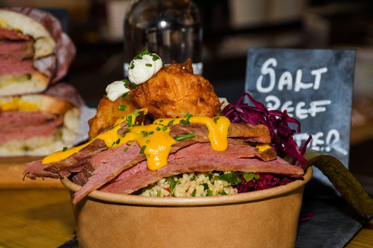 Salted beef with rice bowl with beef dipping sauce