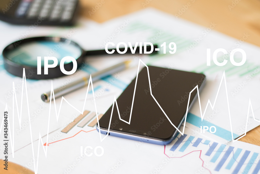 Poster business statistics ipo initial public offering and ico initial coin offering on the chart for a cor