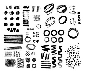 Hand-drawn brush raw textured shapes. Black ink random hand drawn scribbles set isolated on white background. Vector illustration