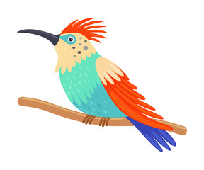 Colorful Tropical Hummingbird, Beautiful Bird with Bright Plumage Vector Illustration