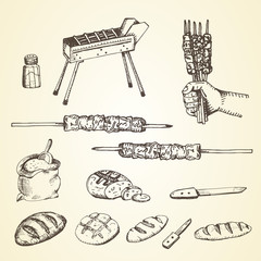 arrosticini set hand drawnbread, knife, salt, hand