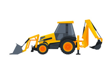 Obraz na płótnie Canvas Excavator Construction Machinery, Heavy Special Transport, Side View Flat Vector Illustration